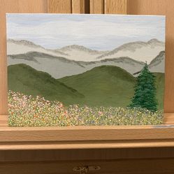 Mountains and Wildflowers Original Acrylic Painting With Beautiful Colors, Artist Signed, 5 x 7