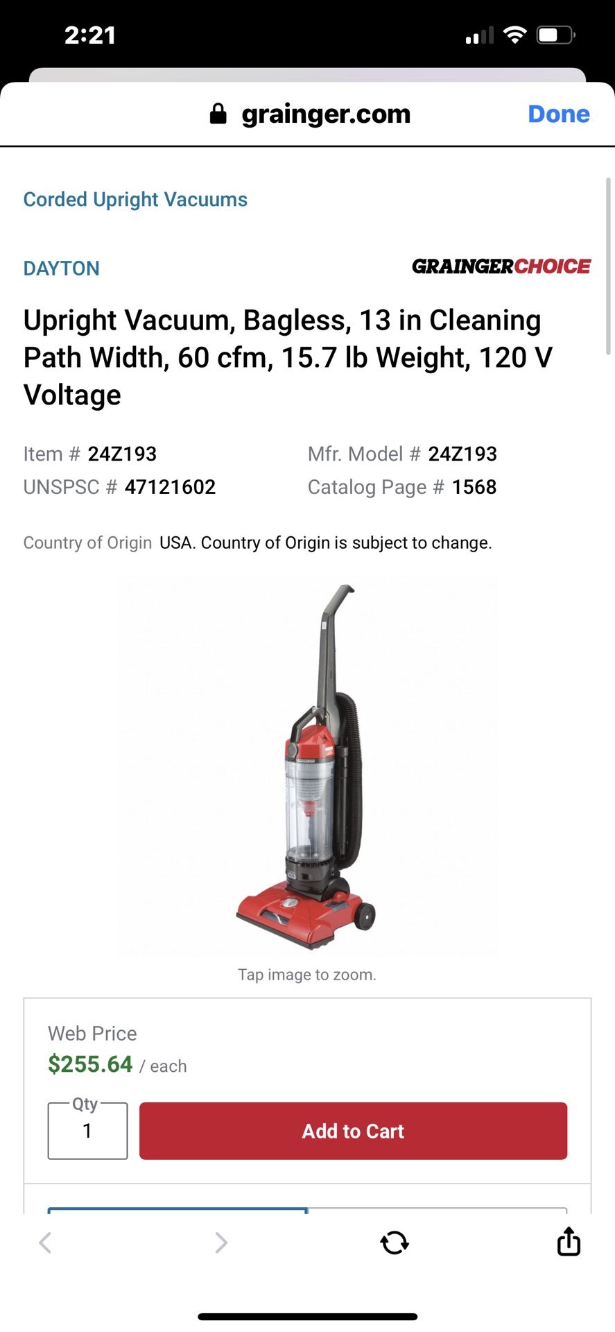 Upright Vacuum, Bagless, 13 in Cleaning Path Width, 60 cfm, 15.7 lb Weight, 120 V Voltage