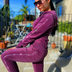 Velour Tracksuit Full Set Zip Closure Hoodie Sweat Pants Jogger With Premium Rhinestones, Cotton Suit Purple for Sale in San CA - OfferUp