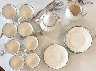 Ivory White Tea/Coffee Set with Silver Swirl Rim Detailing with Dessert Plates-22 Piece Set-Vintage-Unused!!