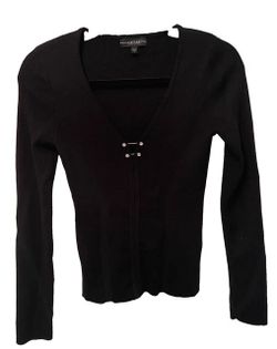 GUESS Black Ribbed Knit Long Sleeve Top V-Neck Rhinestone Crystal Hardware Small