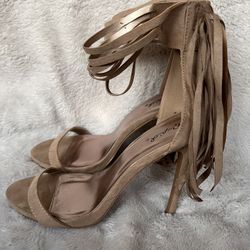 Cream Fringe Open Toe Sexy Heels 