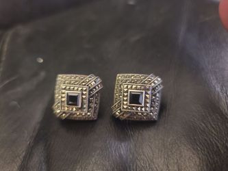 Vintage .925 Sterling Silver Art Deco Square Onyx Marcasite Earrings Omega Back