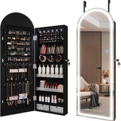 Black Arched Lighted Mirror Jewelry Cabinet Armoire Retails $154 