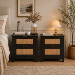 Set of 2, 2 drawer rattan nightstands with wireless charging station