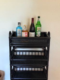 Black Rattan Bar Cart on Casters – 3-Tier Rolling Serving Cart
