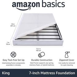 King 7”Smart Box Spring Bed Base, 7-Inch Height-King, 79"L X 75.5"W X 7"H, White