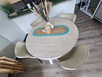 Coastal White Solid Wood Dining Table With 4 Chairs- 47"