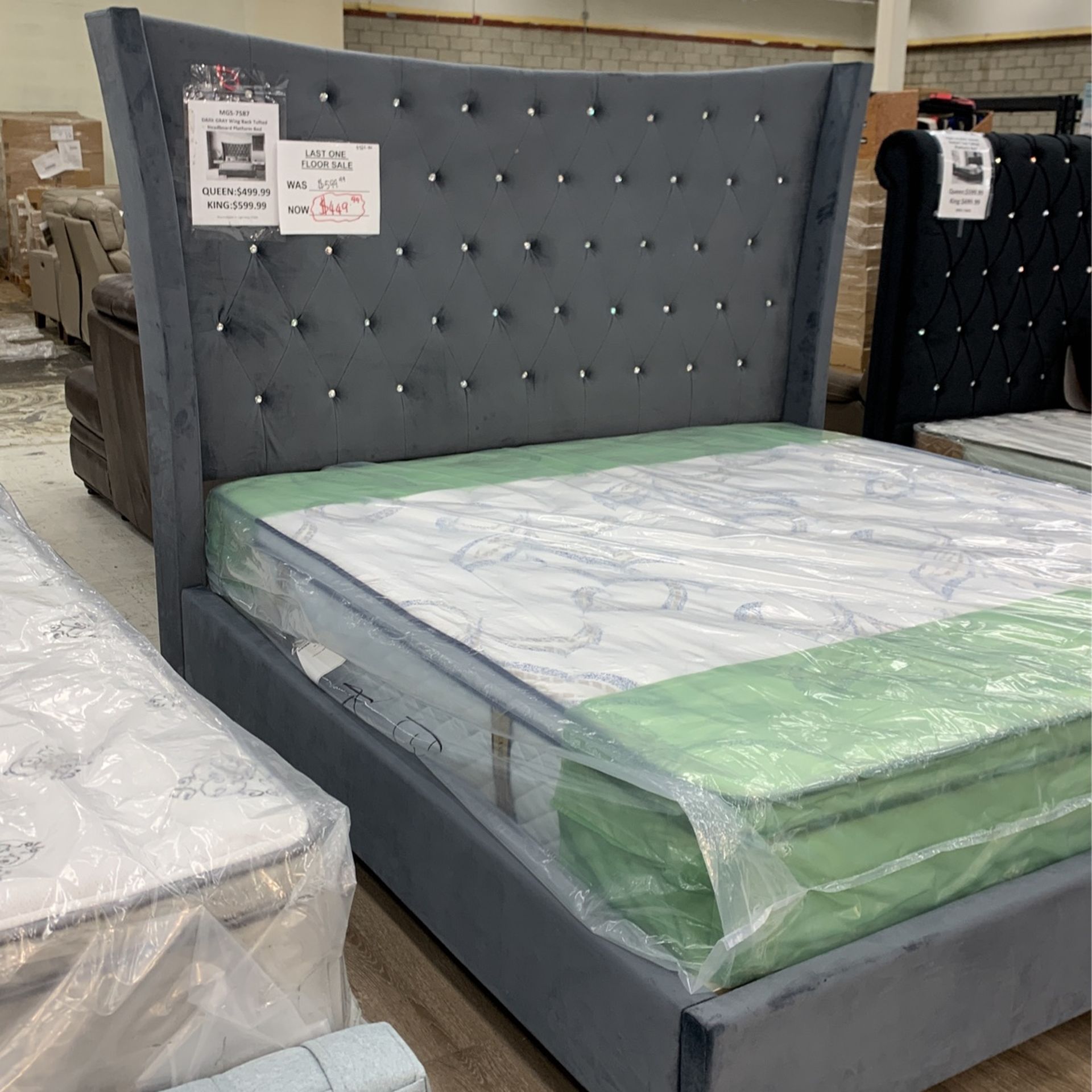 Dark Grey Wing Back Jeweled Headboard Platform Bed Frame 