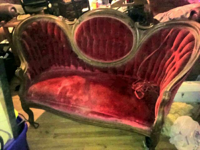 Antique Victorian Era Classic Red velvet tufted Sweetheart frame LOVESEAT