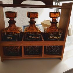 (3) Bottles Locking Liquor Amber Glass Decanter Set 1950s With Wood Rack "RETRO"