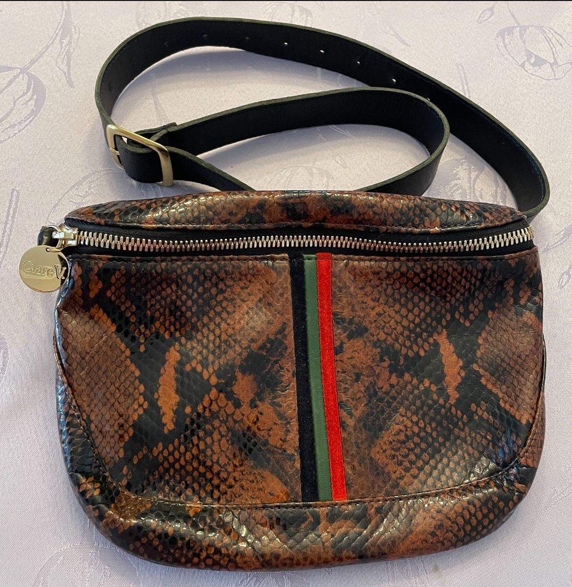 Clare V. Leather Walnut Python Snake Print Adjustable Belt Fanny Pack Bag