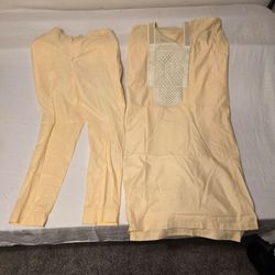 Men's Traditional Nigerian Kaftan & Pants Set Cream/Beige Embroidered Formal Wear