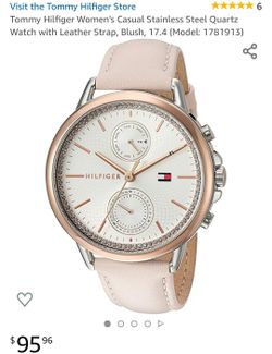 $96+tax on Amazon, Tommy Hilfiger Women's Casual Stainless Steel Quartz Watch with Leather Strap, Blush, 17.4 (Model: 1781913)