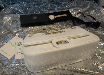 White Handbag, Sunglasses and Quartz Watch Bundle