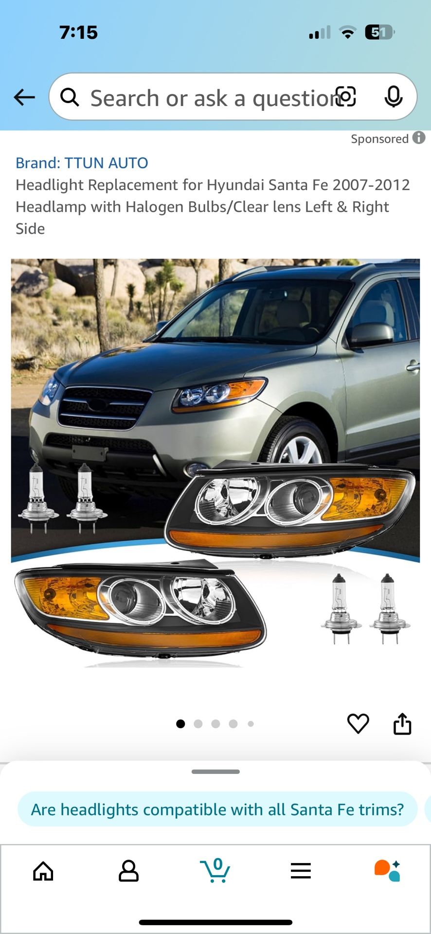 Headlight Passenger Side For Hyundai Santa Fe 2007/12