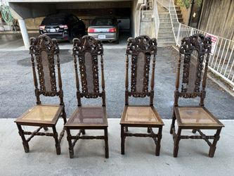 Set of 4 Antique Hand-Carved Eagle Crest Cane Chairs