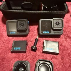 2 go pros 13 black- 2 batteries- max lens mod- selfie stick