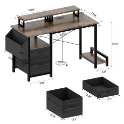 Computer Desk with Drawer and Power Outlets, 47 Office Desk with 2 Monitor Stands and Fabric File Cabinet, Writing Gaming Table with Shelves and Hooks