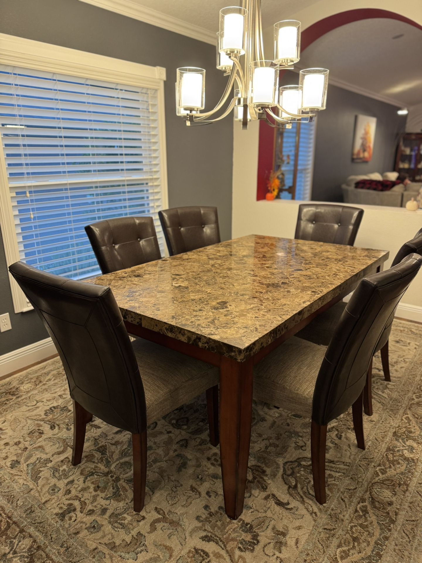 Elegant Brown Marble Dining Table W/ Chairs