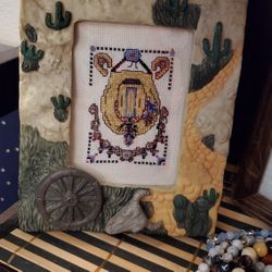 Hand Stitched Cowboy Hat/ Spurs In Western Ceramic Frame