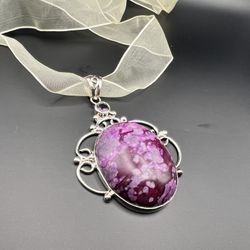Vintage Huge Sugilite Amethyst Sterling Silver Statement Necklace Pendant 
