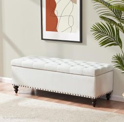 51-inch Storage Ottoman Bench with Removable Tray, Bedroom Bench with Button-Tufted, Safety Hinge Ottoman in Upholstered Fabrics, Large Long Bench