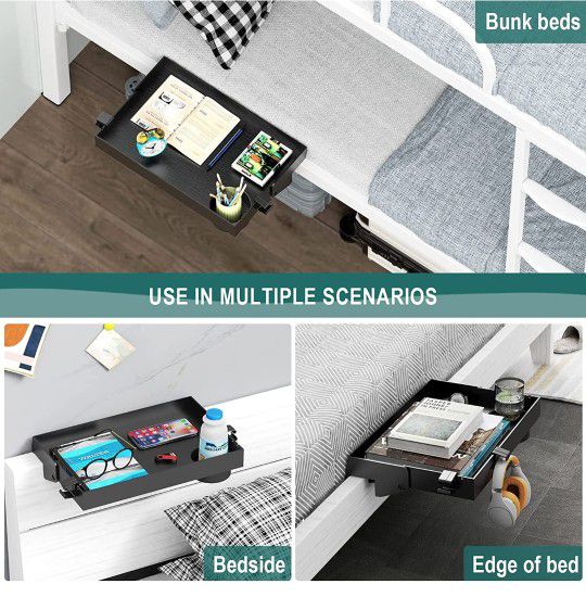  Bedside Shelf for Bed – College Dorm Room Clip On Nightstand with Cup Holder & Cord Holder -Tray Table Caddy for Students – Bunk Bed Shelf for Organi