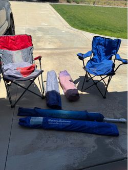 4 camp/beach chairs plus 2 umbrellas