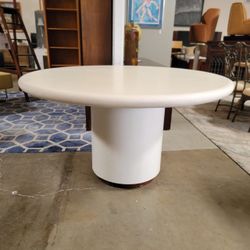55″ Round Travertine Top Dining Table with Wood Drum Base