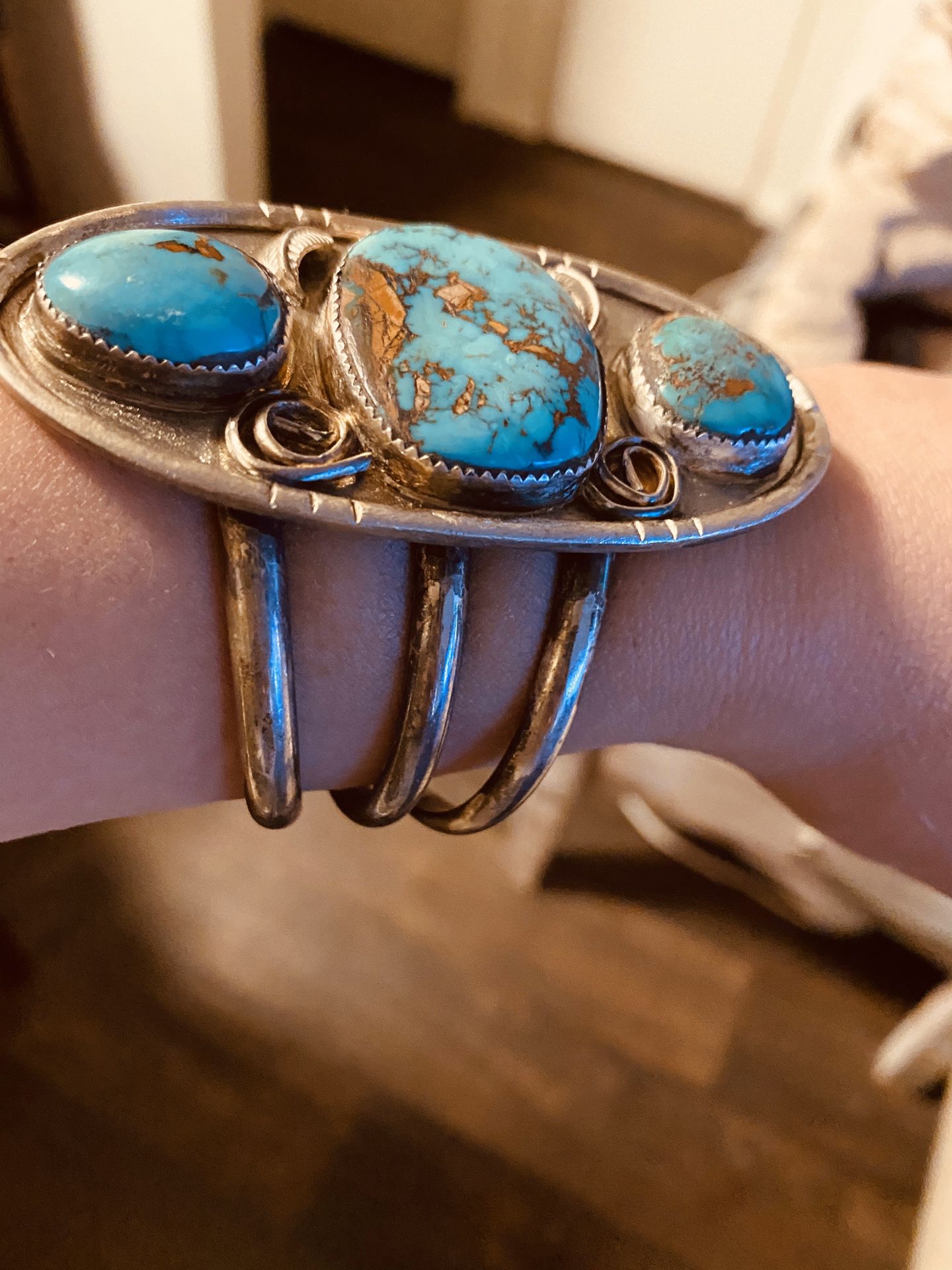 Large sterling silver 3 kingman turquoise cuff