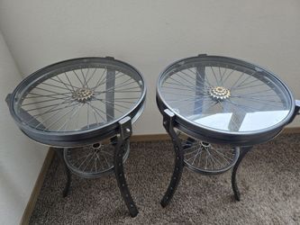 Set of 2 Unique Bicycle Wheel Side Tables - 24"H, 16.5" Diameter