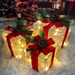 Christmas Decorations Indoor Set of 3 Christmas Lighted Gift Boxes 60 LED Light up Xmas Present Ornament Tree Indoor Outdoor Yard Holiday Door Navidad