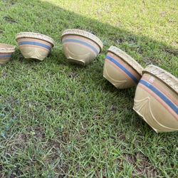 Set of 5 Vintage McCoy USA Stoneware > Yellowware Pink and Blue Stripe Bowls...