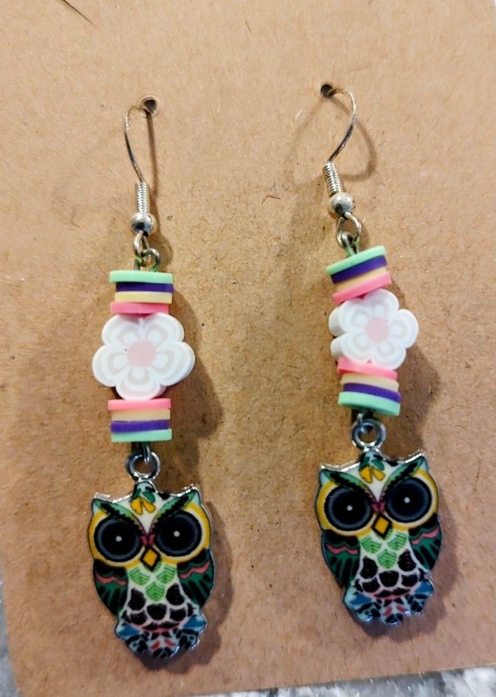 Owl Earrings-Colorful owl-themed earrings with floral accents.