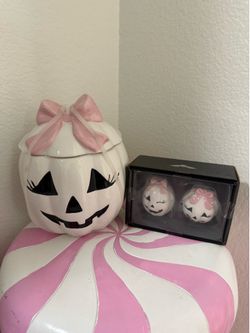 CUTE GIRLY JACK O LANTERN CANISTER & SAT & PEPPER SHAKERS