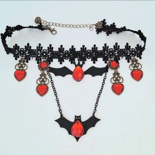 Black lace choker necklace with bats, red crystals & bronze scroll drops w/BONUS