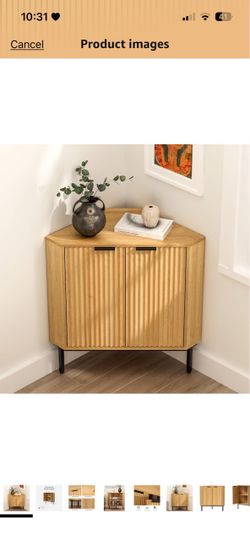 Fluted Corner Cabinet, Modern Small Corner Floor Cabinet with 2 Doors and 2-Tier Shelves, Freestanding Narrow Organizer for Living Room Kitchen Bathro