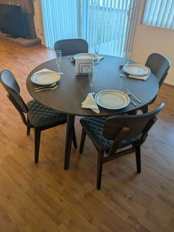 Dining Table Set – Round Dark Wood Table + 4 Upholstered Chairs – Excellent Conditio