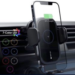 [7-Color Light] Wireless Car Charger, ZEEHOO Car Phone Holder Mount 15W Qi Wireless Fast Charging, Auto-Clamping Car Vent Mount for iPhone 14 13 12 11