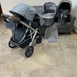 Uppababy Vista V2 Double Stroller with car seat and bassinet light blue 