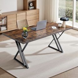 70.9Inch Office Desk, Executive Office Desk，Modern Industrial Style, Z-Shaped Table Legs, Country Black Wood Grain Top, for Home Office, Study, Confer