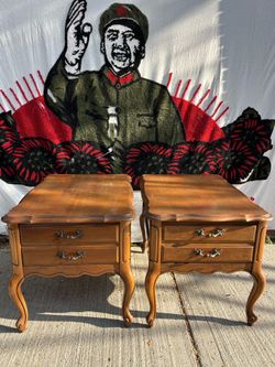 Antique Wood Pair Set of 2 Side Tables French Provisional Mid-Century Table