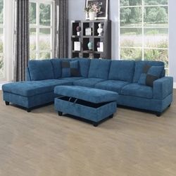 Blue Flannelette Sectional Sofa With Storage Ottoman 