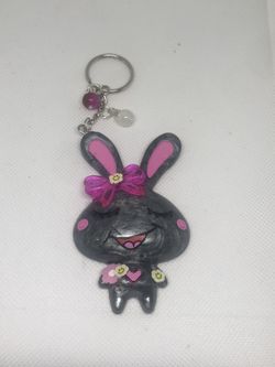 Grey Bunny With Flowers Resin Keychain