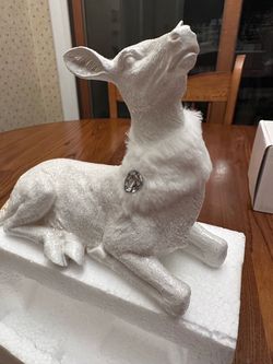White Glitter Deer Figurine with Faux Fur Collar