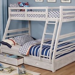 Full/Twin Brushed White Bunkbed  With Underneath Storage Drawers & Both Mattresses included   