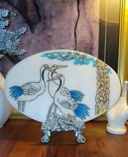 Vtg  Japanese Marble Stone  Carved & Handpainted  Cranes  Decor Or Trivet 