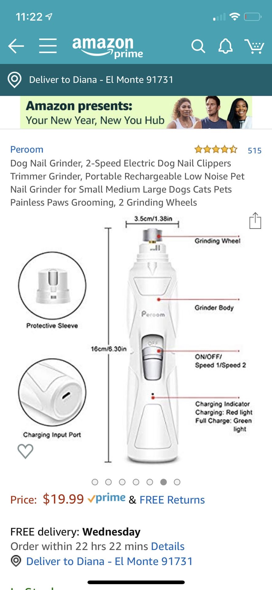 Dog Nail Grinder, 2-Speed Electric Dog Nail Clippers Trimmer Grinder, Portable Rechargeable Low Noise Pet Nail Grinder for Small Medium Large Dogs Ca