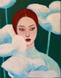 Original Oil Painting Woman with White Flowers